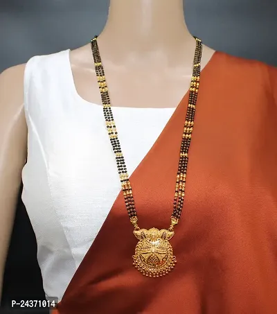 Traditional Ethnic One Gram Gold Plated 28 Inch Long Black Beads Latest Stylish Designer Pendant Golden Mangalsutra for Women