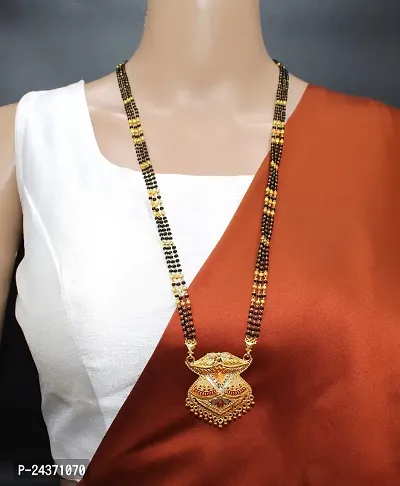 Traditional Ethnic One Gram Gold Plated 30 Inch Long Black Beads Latest Stylish Designer Pendant Golden Mangalsutra for Women-thumb0