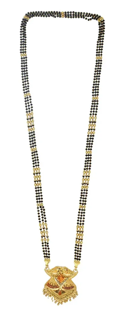 Traditional Ethnic One Gram Gold Plated 30 Inch Long Black Beads Latest Stylish Designer Pendant Golden Mangalsutra for Women-thumb3