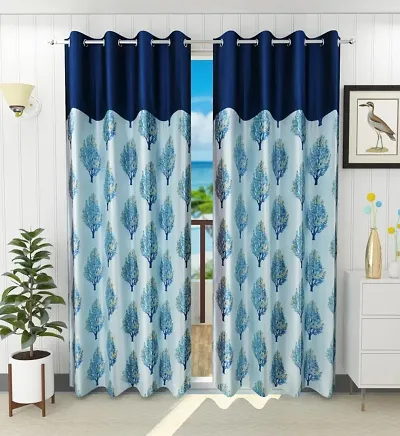 Home Edge Polyester Tree Design Blue Blackout Door Curtains 7 Feet (Set of 2)