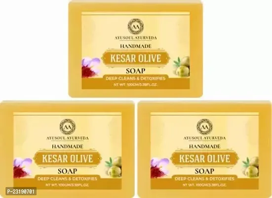 Ayusoul Ayurveda Khadi Herbal Natural Kesar Olive Bath Soap For Skin Brightening -100 ml Each,Pack Of 3