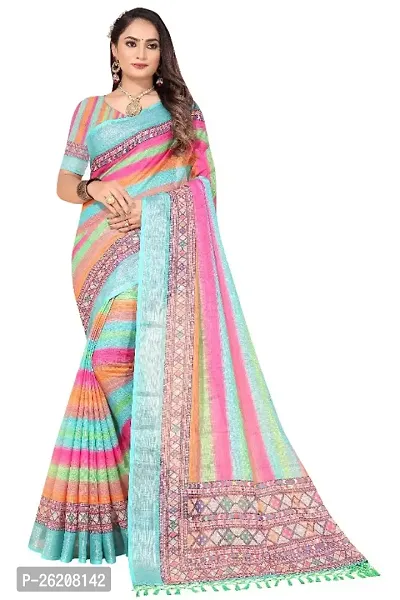 Stylish Linen Turquoise Digital Print Saree with Blouse piece