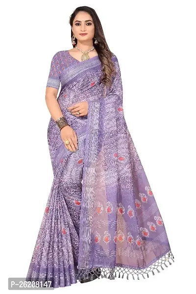 Stylish Linen Purple Digital Print Saree with Blouse piece