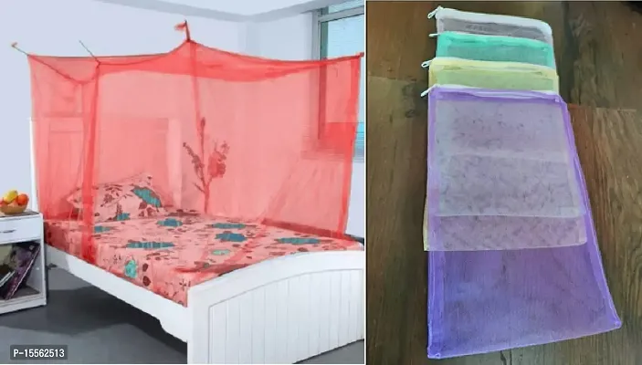 Puja Industry Mosquito net for Single Bed | Double Bed | Foldable Machardani | Strong Net | Extra Mosquito Protection | macher net | machar jali (6 x 7, RED) (Combo Of Mosquito Net With Poly Bag - 1 PC)