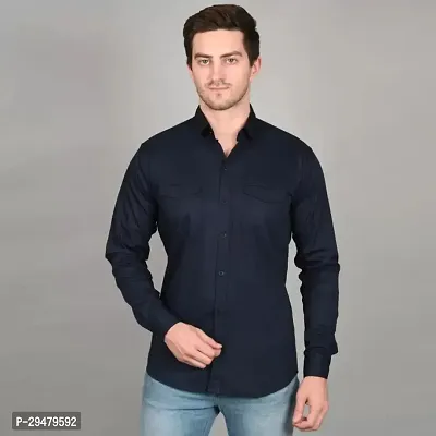 Stylish Dark Blue Cotton Blend Solid Casual Shirt For Men-thumb0