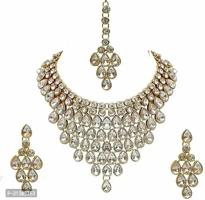 Stylish Golden Metal Necklace With Earrings Jewellery Set For Women-thumb0