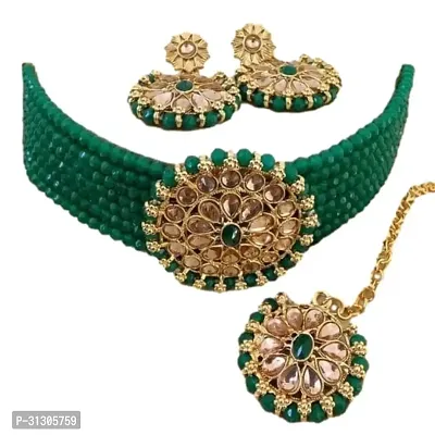 Stylish Green Metal Necklace With Earrings Jewellery Set For Women-thumb0