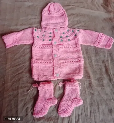 Pink Coloured Woollen Handmade Baby Sweater-thumb0