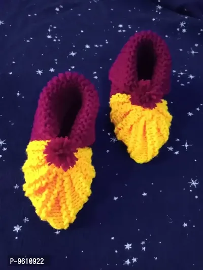 yellow and maroon baby woolen socks-thumb3