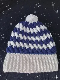 Blue and white woolen baby cap with pom pom-thumb1