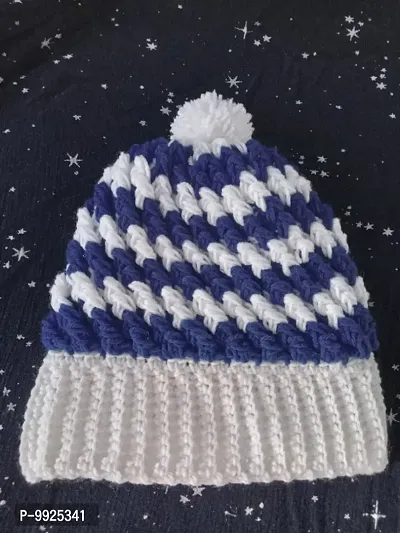 Blue and white woolen baby cap with pom pom-thumb2
