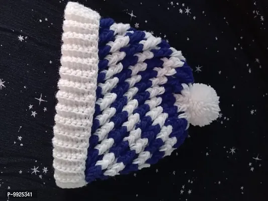 Blue and white woolen baby cap with pom pom-thumb4