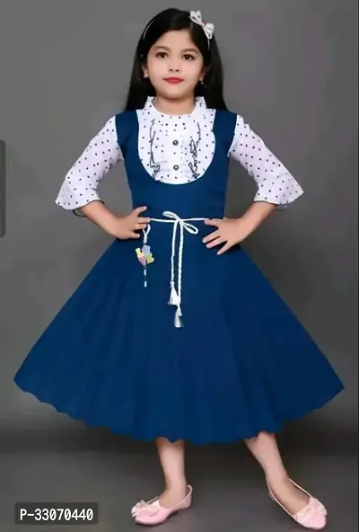 Elegant Blue Cotton Blend Printed Dresses For Girls-thumb0