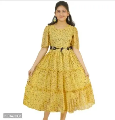 Stylish Yellow Georgette Printed Frocks For Girl-thumb0