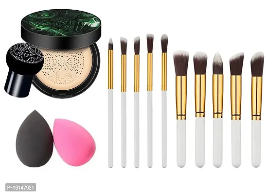 Crynn 3in1 Matte Moisturising CC  BB Waterproof Foundation with Air Cushion Mushroom (ALL SKIN TYPES) + Washable Powder Sponge/puff and Makeup Brushes (10pcs Brush Set (WHITE))