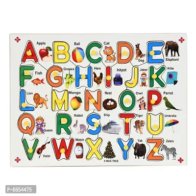 Wooden Colorful ABC Alphabet with Picture and Knobs Jigsaw Puzzle for Kids - Perfect pegged Puzzles for Kid  Learning and Educational Alphabet for Toddler Ages 2+ Size: 9 X 12 Inch