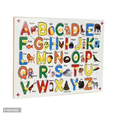 Wooden Colorful ABC Alphabet with Picture and Knobs Jigsaw Puzzle for Kids - Perfect pegged Puzzles for Kid  Learning and Educational Alphabet for Toddler Ages 2+ Size: 9 X 12 Inch-thumb3