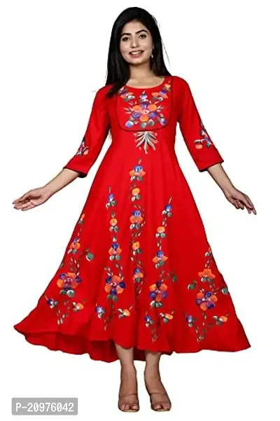 VISH FAB Women's Rayon Printed Flared Kurta Gown Set For women - (XL) Red