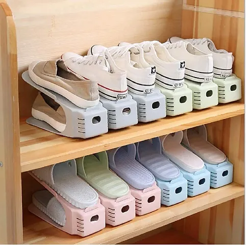 HENTJ? Plastic Shoe Slots Organizer Space Saver Double Deck Shoe Rack Adjustable Shoe Slots for Closet Organization (Pack of 6) (Multicolor)