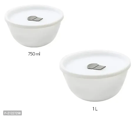 BOROSIL Opalware Cereal Bowl Set of 2 Opal Glass Fruit Serving Bowl with lid Microwave Dishwasher Safe - 750+1000ml  (Pack of 2 White)