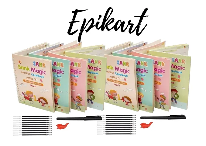 Epikart Sank Magic Practice Copybook, (8 BOOKS + 2 PEN + 20 REFILL + 2 GRIP) Number Tracing Book for Preschoolers with Pen, Magic calligraphy books for kids Reusable Writing Tool