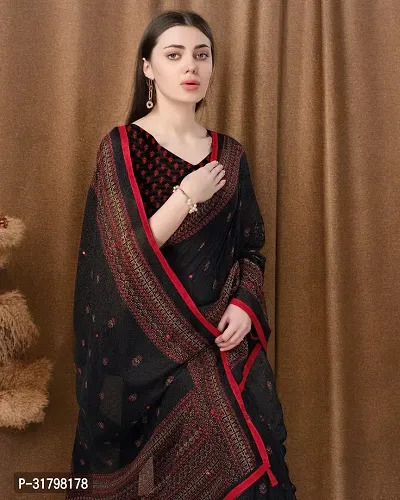 Beautiful Black Cotton Printed Saree with Blouse Piece For women-thumb2