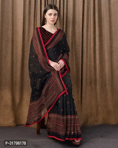 Beautiful Black Cotton Printed Saree with Blouse Piece For women-thumb3