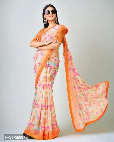 Beautiful Orange Chiffon Printed Saree with Blouse Piece For women-thumb4