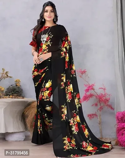 Beautiful Black Georgette Printed Saree with Blouse Piece For women