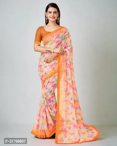 Beautiful Orange Chiffon Printed Saree with Blouse Piece For women-thumb2