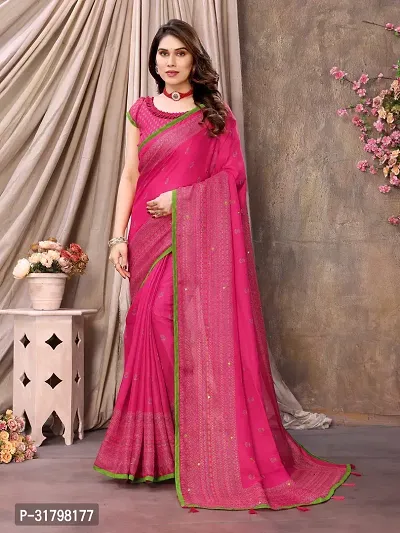 Beautiful Pink Cotton Printed Saree with Blouse Piece For women-thumb0