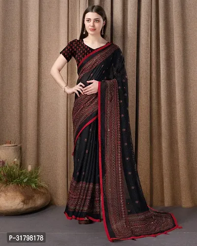 Beautiful Black Cotton Printed Saree with Blouse Piece For women-thumb0