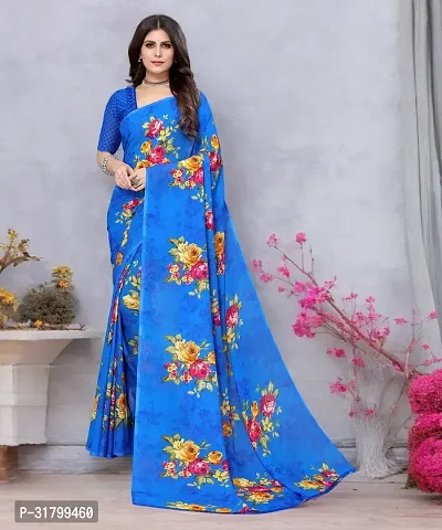 Beautiful Blue Georgette Printed Saree with Blouse Piece For women-thumb0