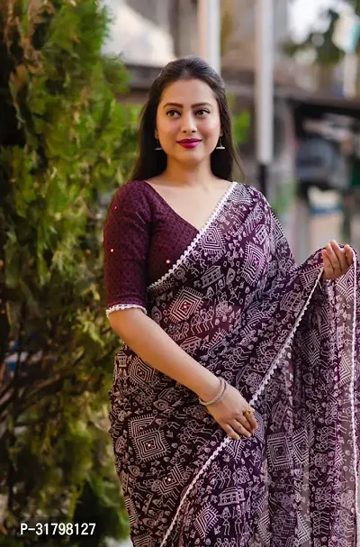 Beautiful Purple Georgette Printed Saree with Blouse Piece For women-thumb2