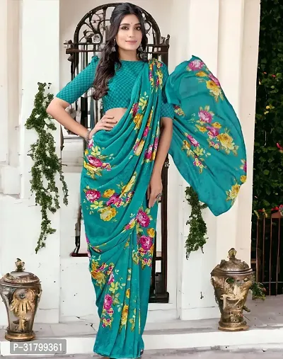 Beautiful Green Georgette Embroidered Saree with Blouse Piece For women