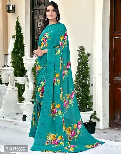 Beautiful Green Georgette Embroidered Saree with Blouse Piece For women-thumb3