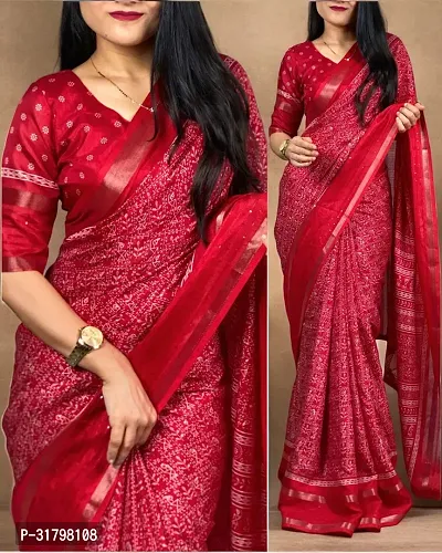 Beautiful Red Cotton Silk Printed Saree with Blouse Piece For women-thumb0