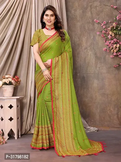 Beautiful Green Cotton Printed Saree with Blouse Piece For women-thumb0