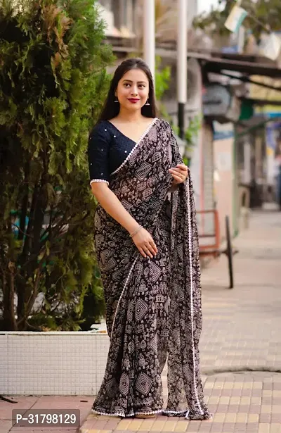 Beautiful Black Georgette Printed Saree with Blouse Piece For women-thumb0