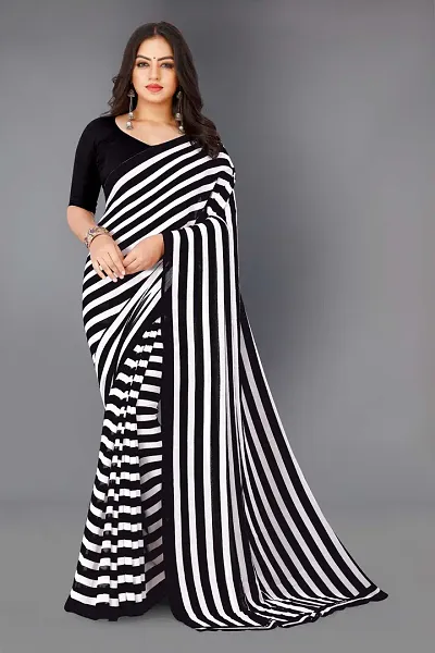 Stylish Silk Blend Striped Saree with Blouse piece For Women