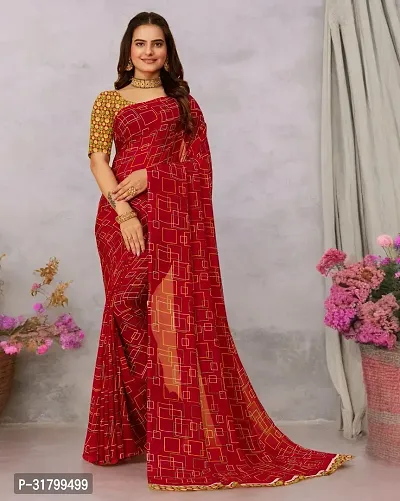 Beautiful Red Georgette Embroidered Saree with Blouse Piece For women-thumb0