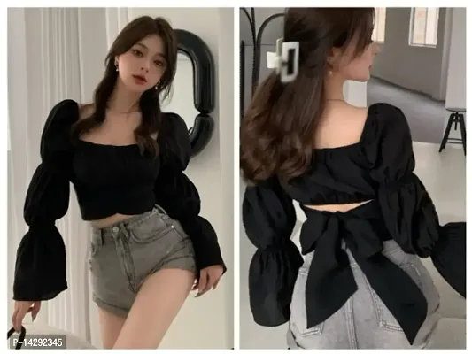 Elegant Black Cotton Bell Sleeve Crop Length For Women