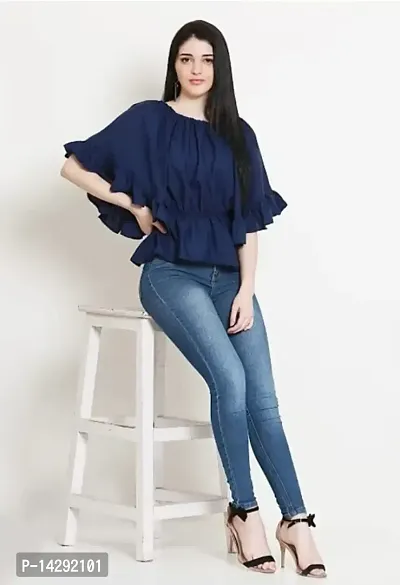 Elegant Navy Blue Crepe Self Design Top For Women-thumb0