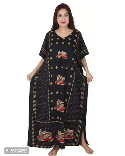 Fancy Black Cotton Printed Nighty For Women-thumb0