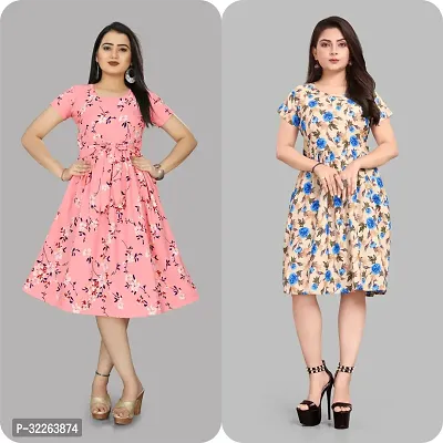 Stylish Multicoloured Crepe Printed Fit And Flare Dress For Women Pack of 2-thumb0