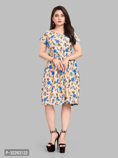 Stylish Beige Crepe Printed Fit And Flare Dress For Women