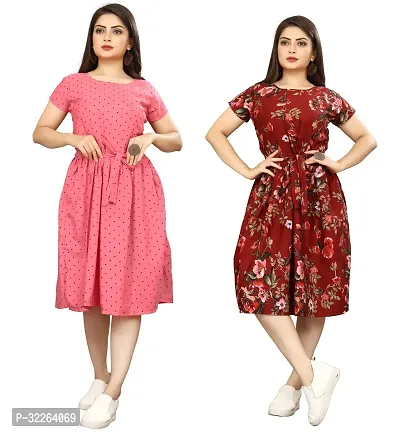 Stylish Multicoloured Crepe Printed Fit And Flare Dress For Women Pack of 2-thumb0