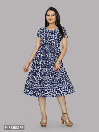 Stylish Blue Crepe Printed Fit And Flare Dress For Women-thumb0