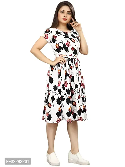 Stylish White Crepe Printed Fit And Flare Dress For Women-thumb0