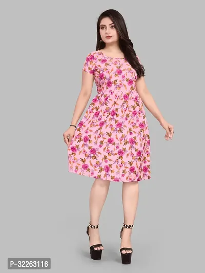 Stylish Pink Crepe Printed Fit And Flare Dress For Women